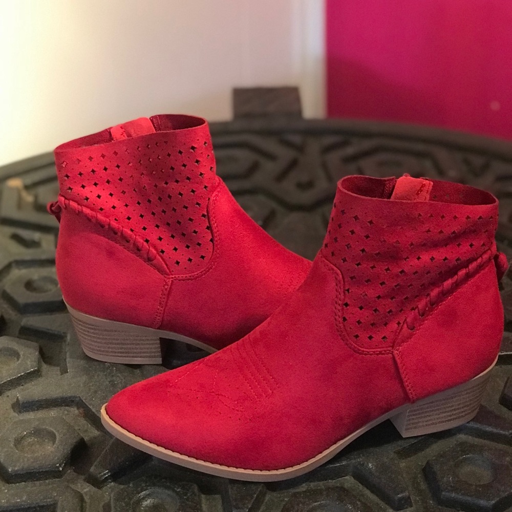 RESTOCKED Soda red perforated western ankle bootie - Picture 3 of 7